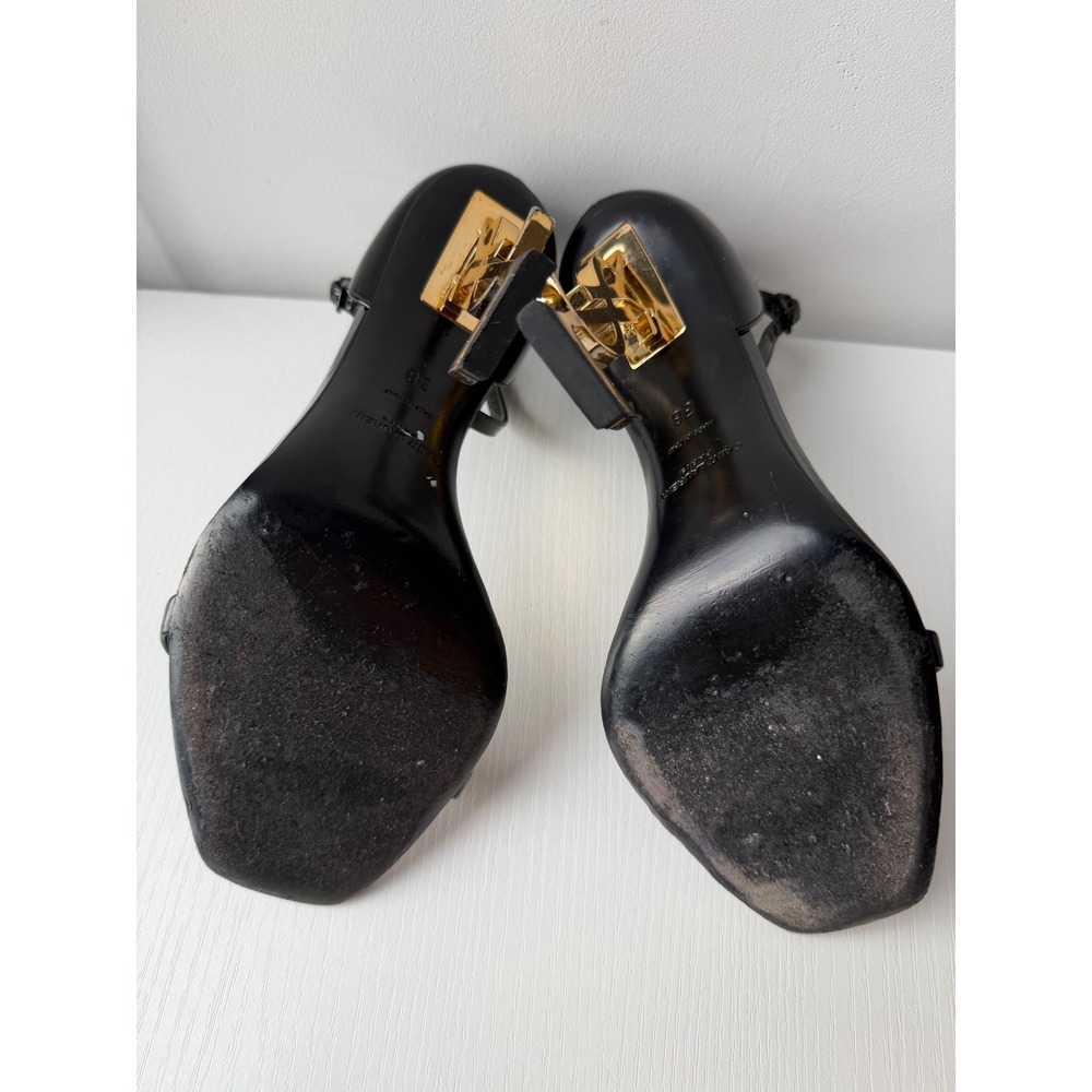 Saint Laurent Opyum Black Patent Leather YSL Gold Monogram Heel Sandals Size 38 - Picture 6 of 12